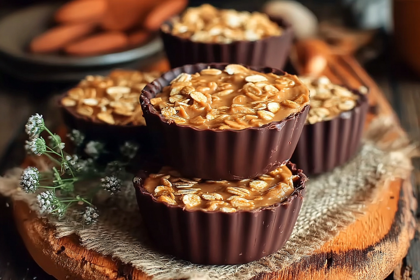 No-Bake Peanut Butter Oat Cups topped with chocolate