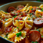 one pot kielbasa pasta in a skillet with cheese and scallions