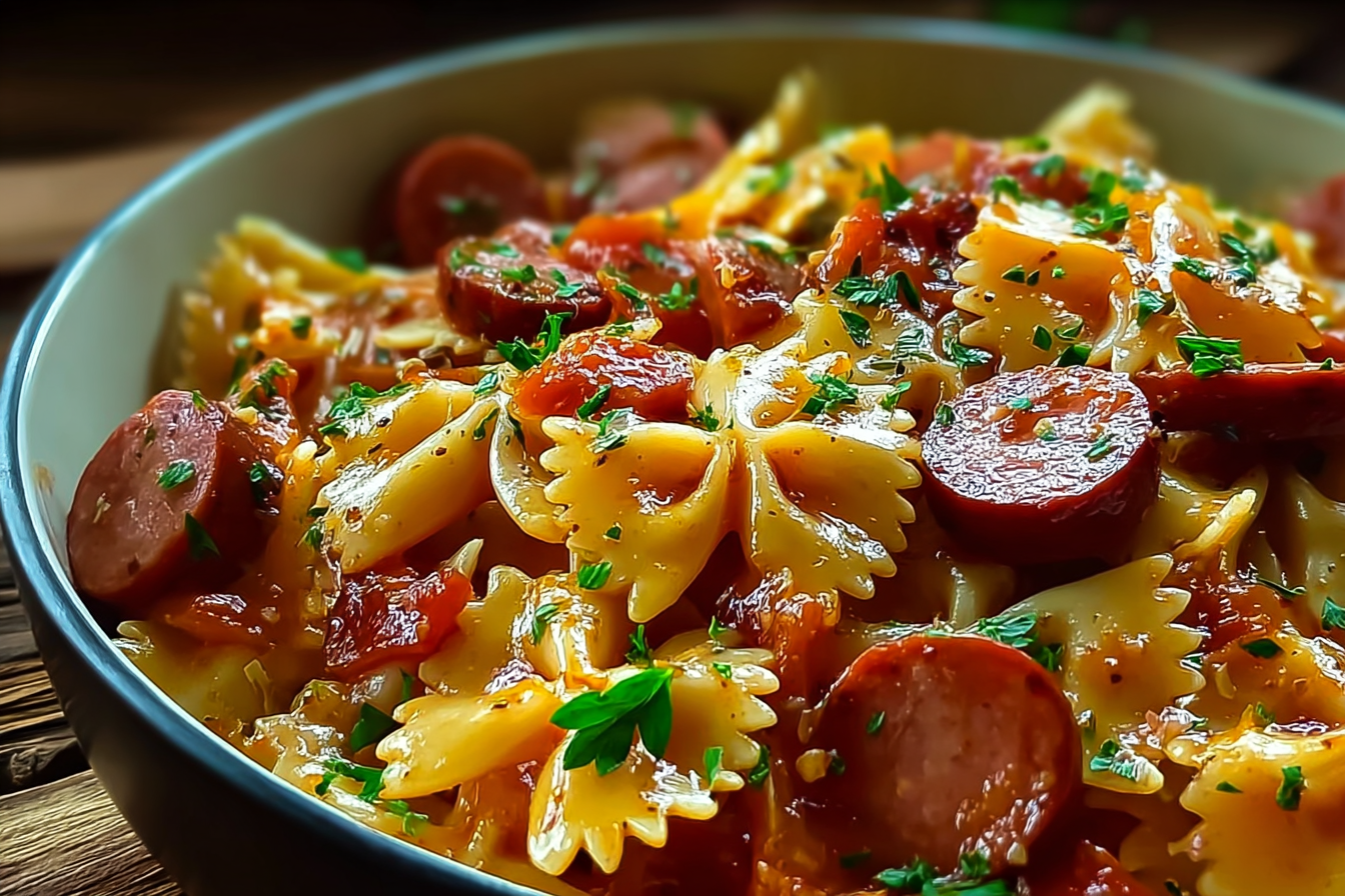 one pot kielbasa pasta in a skillet with cheese and scallions