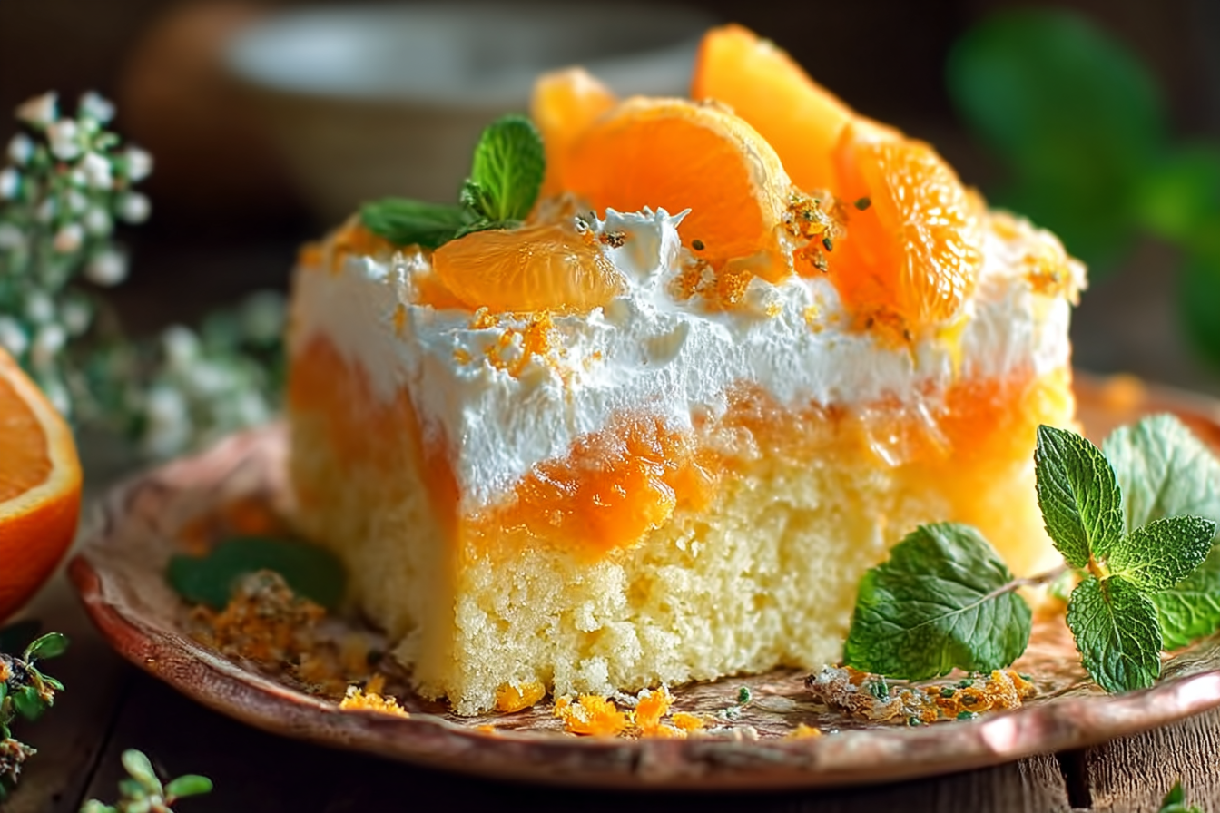 Orange Creamsicle Poke Cake Recipe sliced on a plate