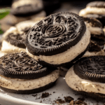Freshly baked Oreo cheesecake cookies stacked on a cooling rack