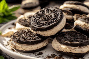 Freshly baked Oreo cheesecake cookies stacked on a cooling rack