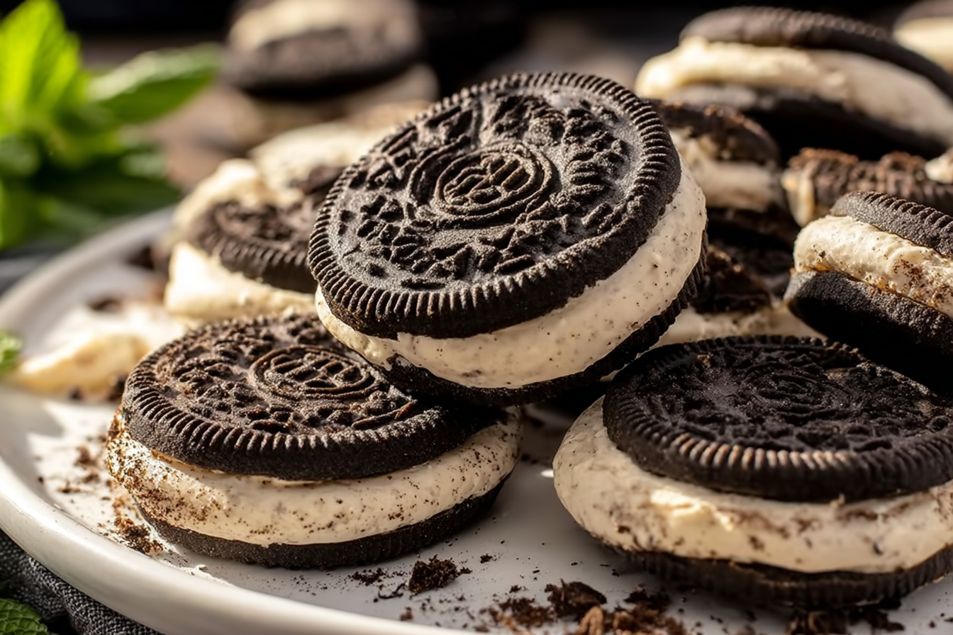 Freshly baked Oreo cheesecake cookies stacked on a cooling rack