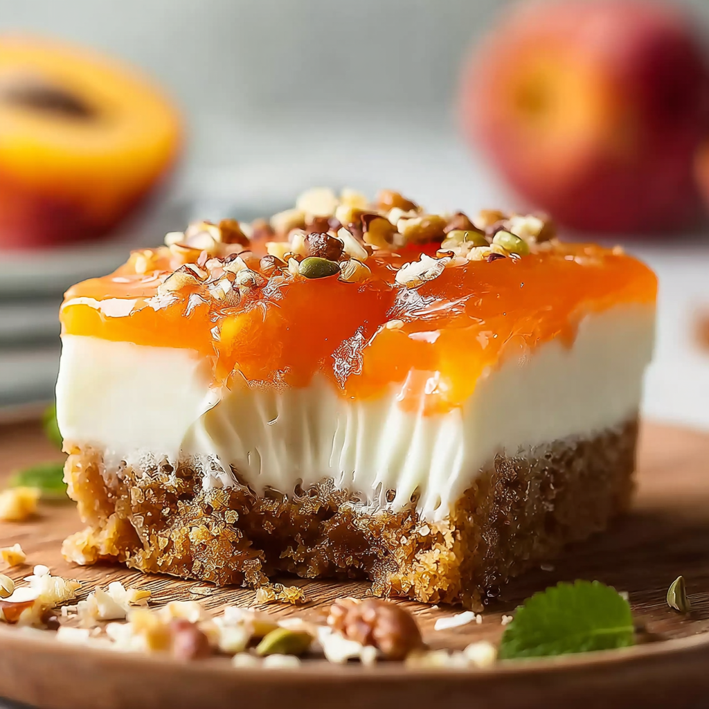 Cream cheese layer for Peach Pretzel Salad being spread