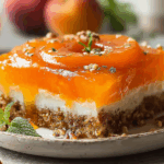 Peach Pretzel Salad with layers of cream cheese, peaches, and pretzels