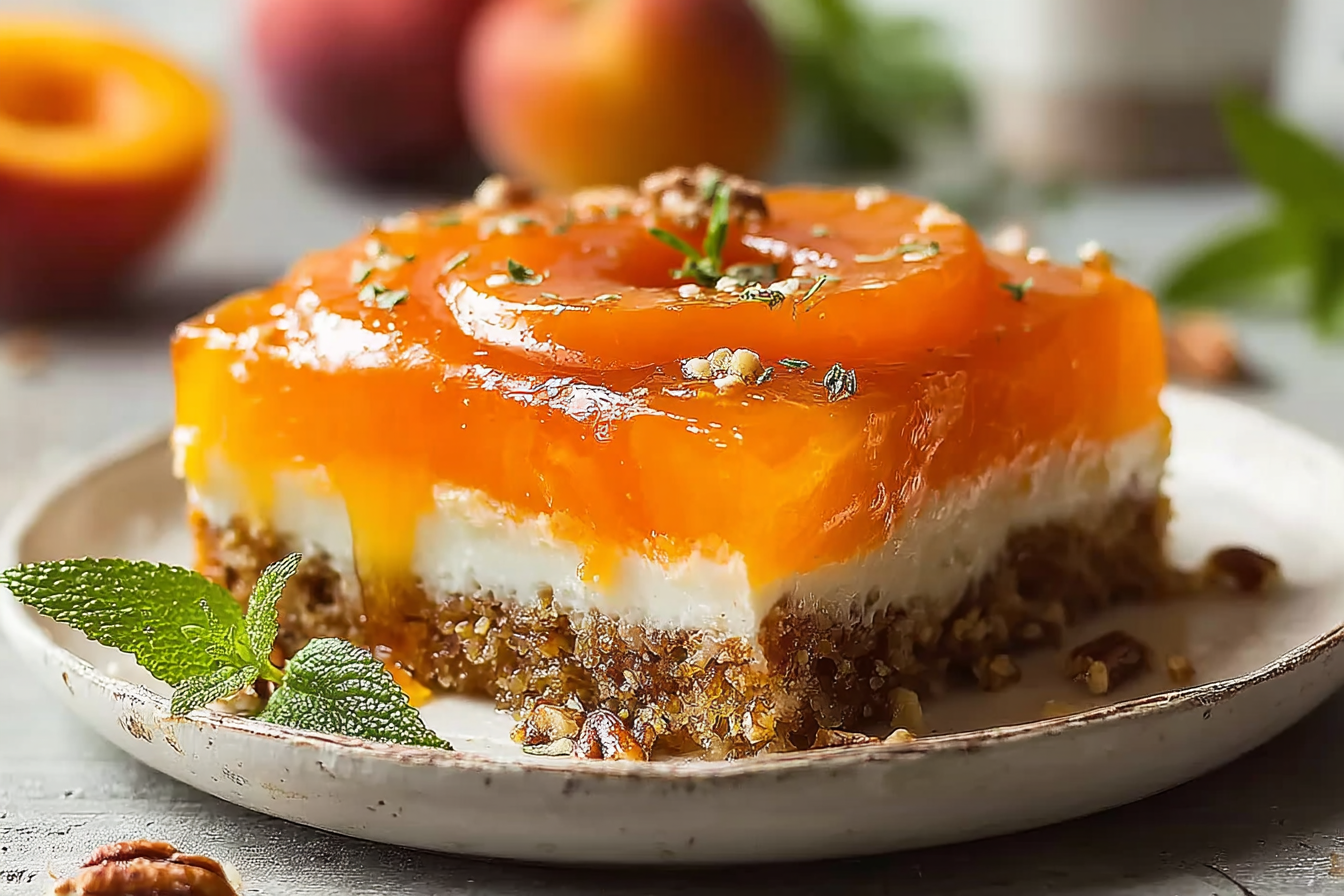 Peach Pretzel Salad with layers of cream cheese, peaches, and pretzels