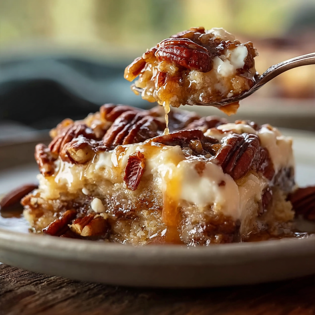 Pecan pie dump cake baking in oven