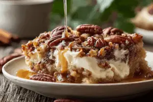 Gooey pecan pie dump cake fresh from the oven
