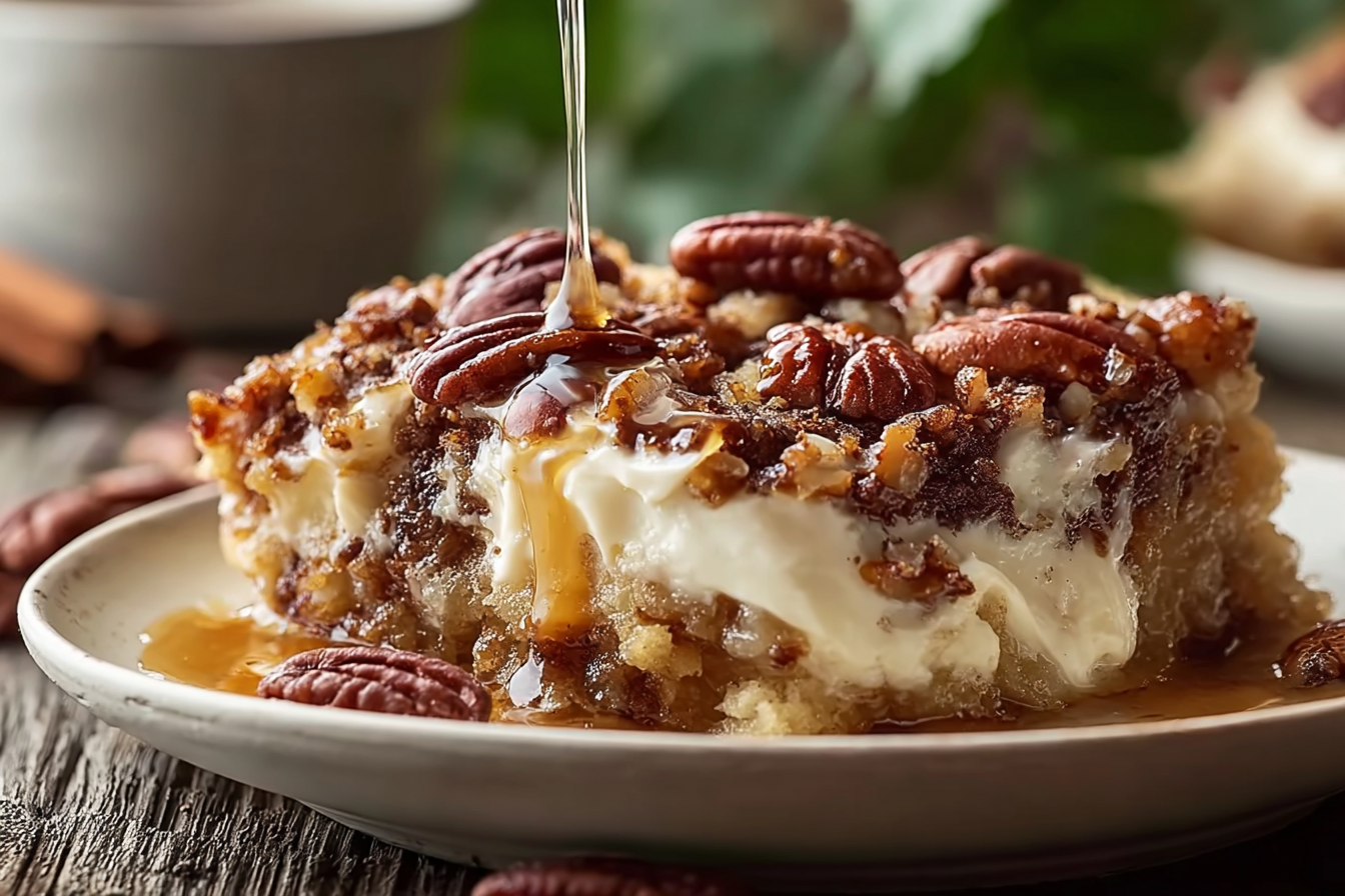 Gooey pecan pie dump cake fresh from the oven