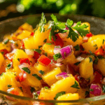 Fresh pineapple mango salsa recipe in a tropical bowl