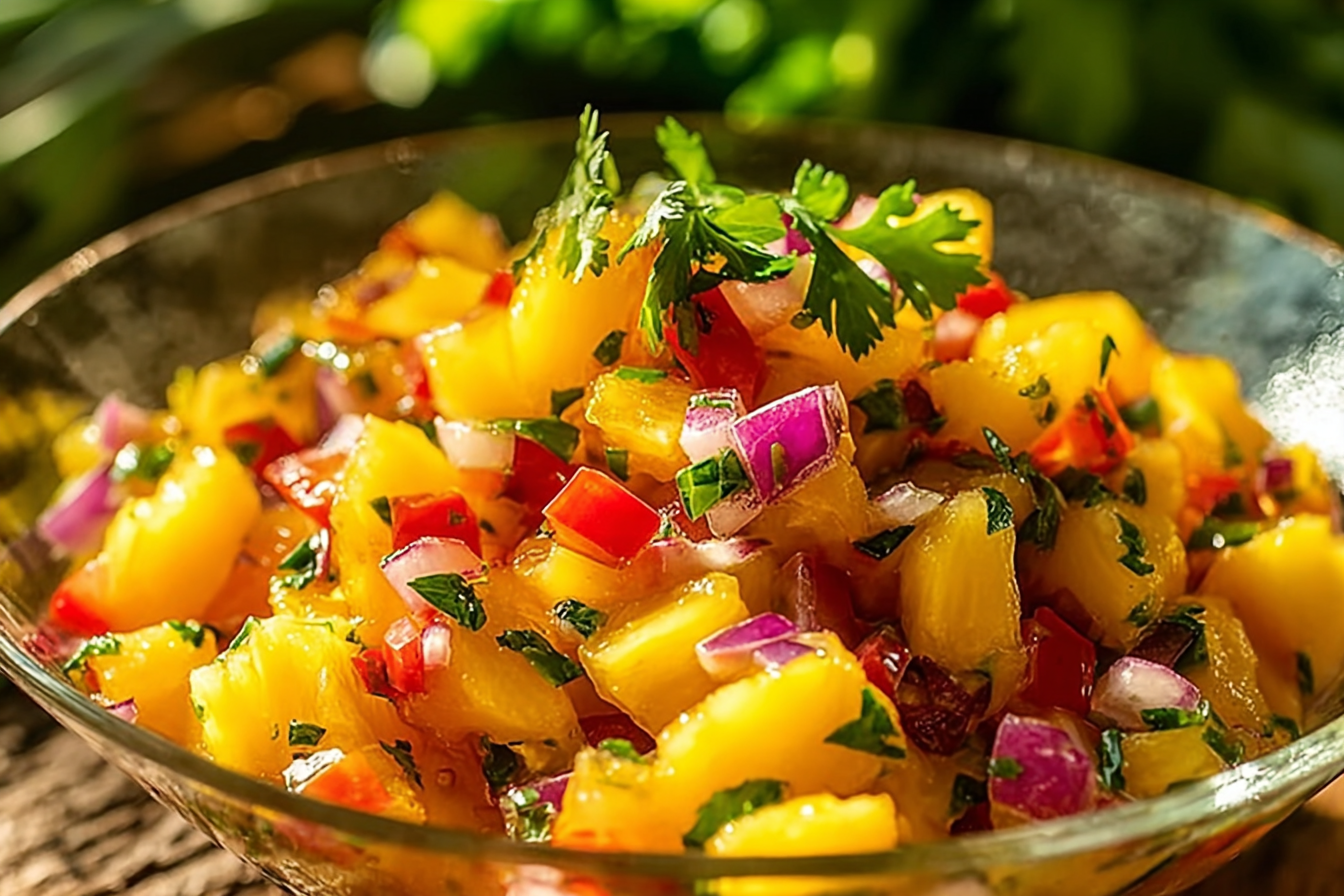 Fresh pineapple mango salsa recipe in a tropical bowl