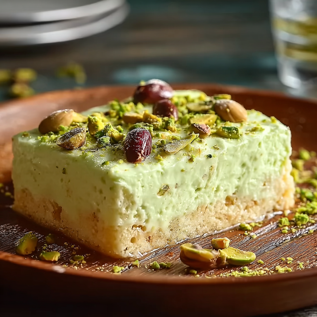 spreading pistachio frosting on tropical bliss cake