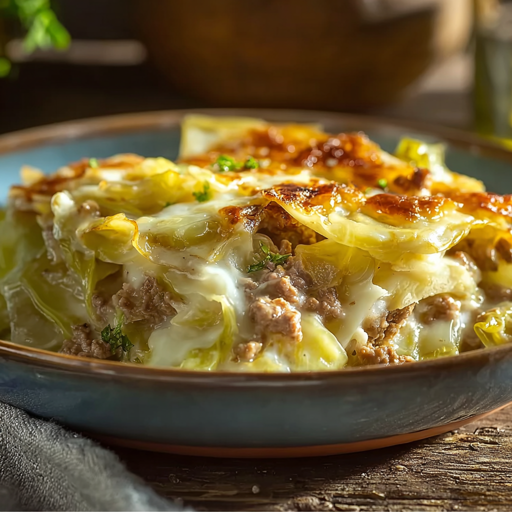 Served slice of creamed cabbage and ground beef casserole