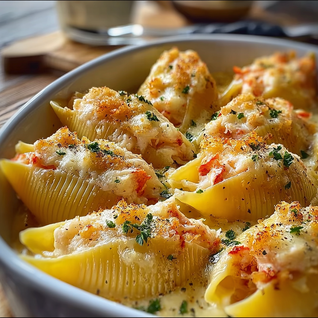 Plated garlic butter lobster filled jumbo pasta shells for serving