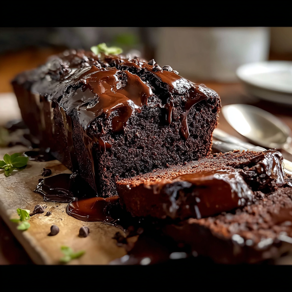 pouring hot fudge brownie bread batter into loaf pan