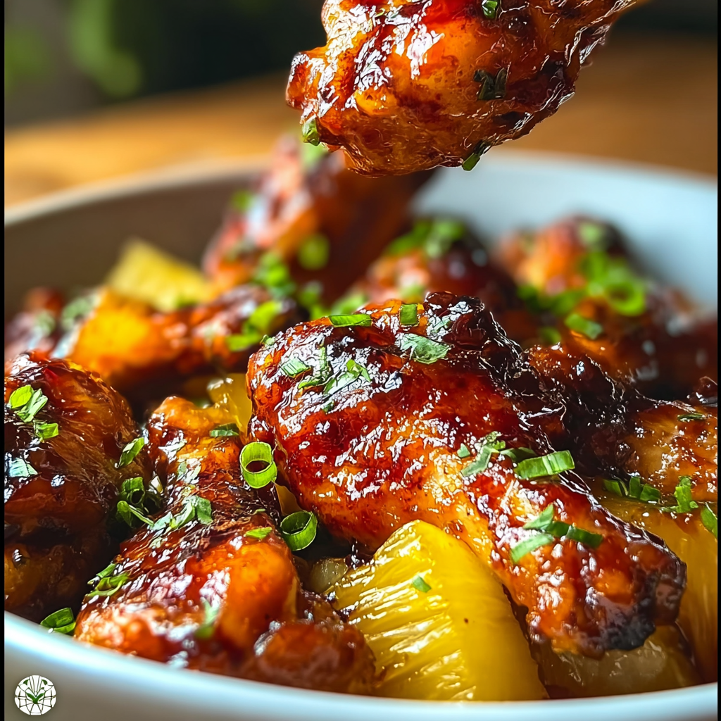  Pineapple sauce being poured on brown sugar chicken wings