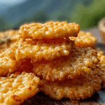 Golden Rice Krispie Cheddar Crackers stacked on a board