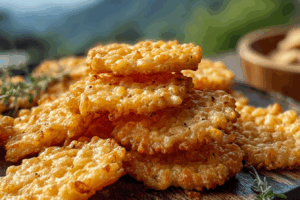 Golden Rice Krispie Cheddar Crackers stacked on a board