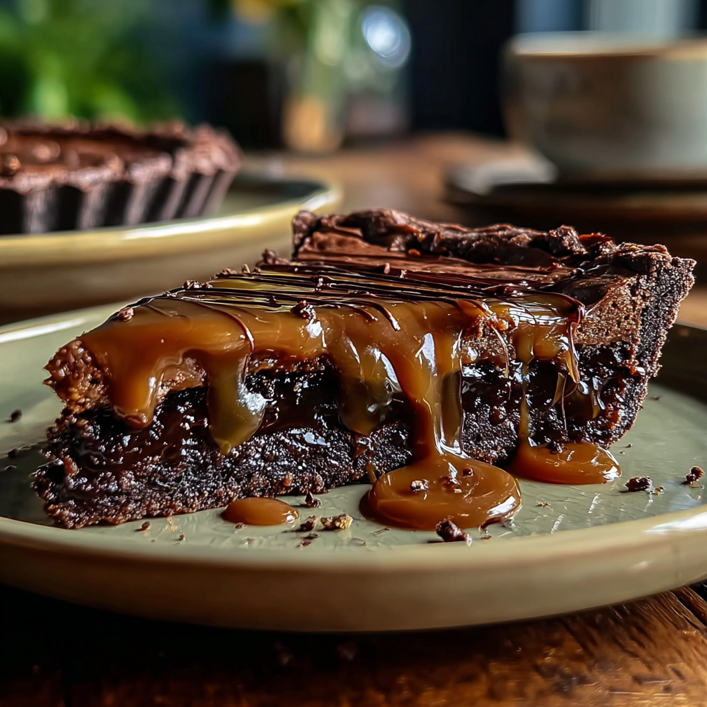 slice of caramel brownie pie with whipped cream