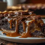 rich and gooey caramel brownie pie sliced on rustic plate