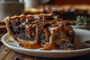 rich and gooey caramel brownie pie sliced on rustic plate