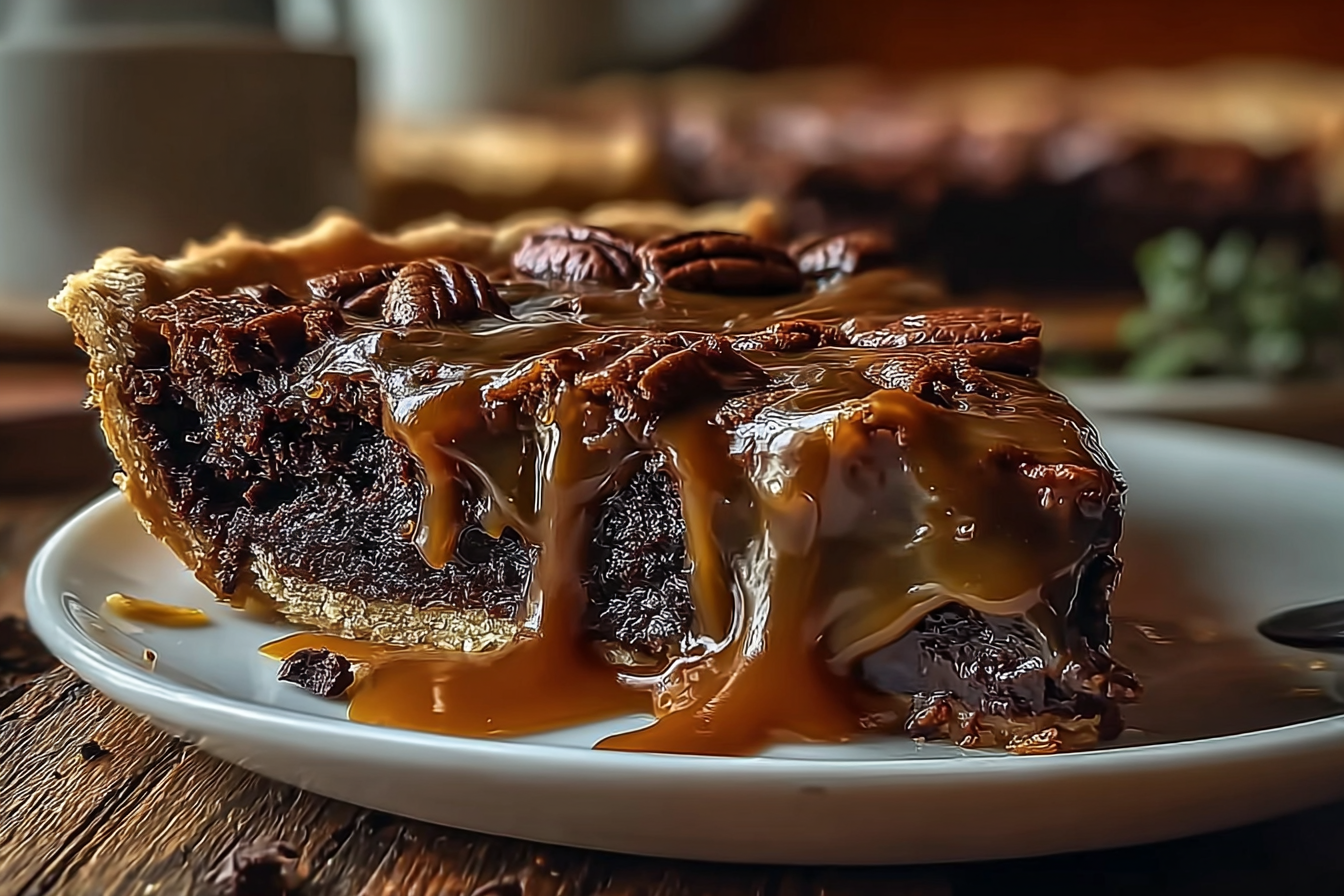 rich and gooey caramel brownie pie sliced on rustic plate