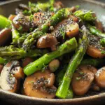 sautéed asparagus and mushrooms in skillet