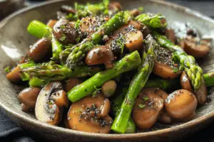 sautéed asparagus and mushrooms in skillet