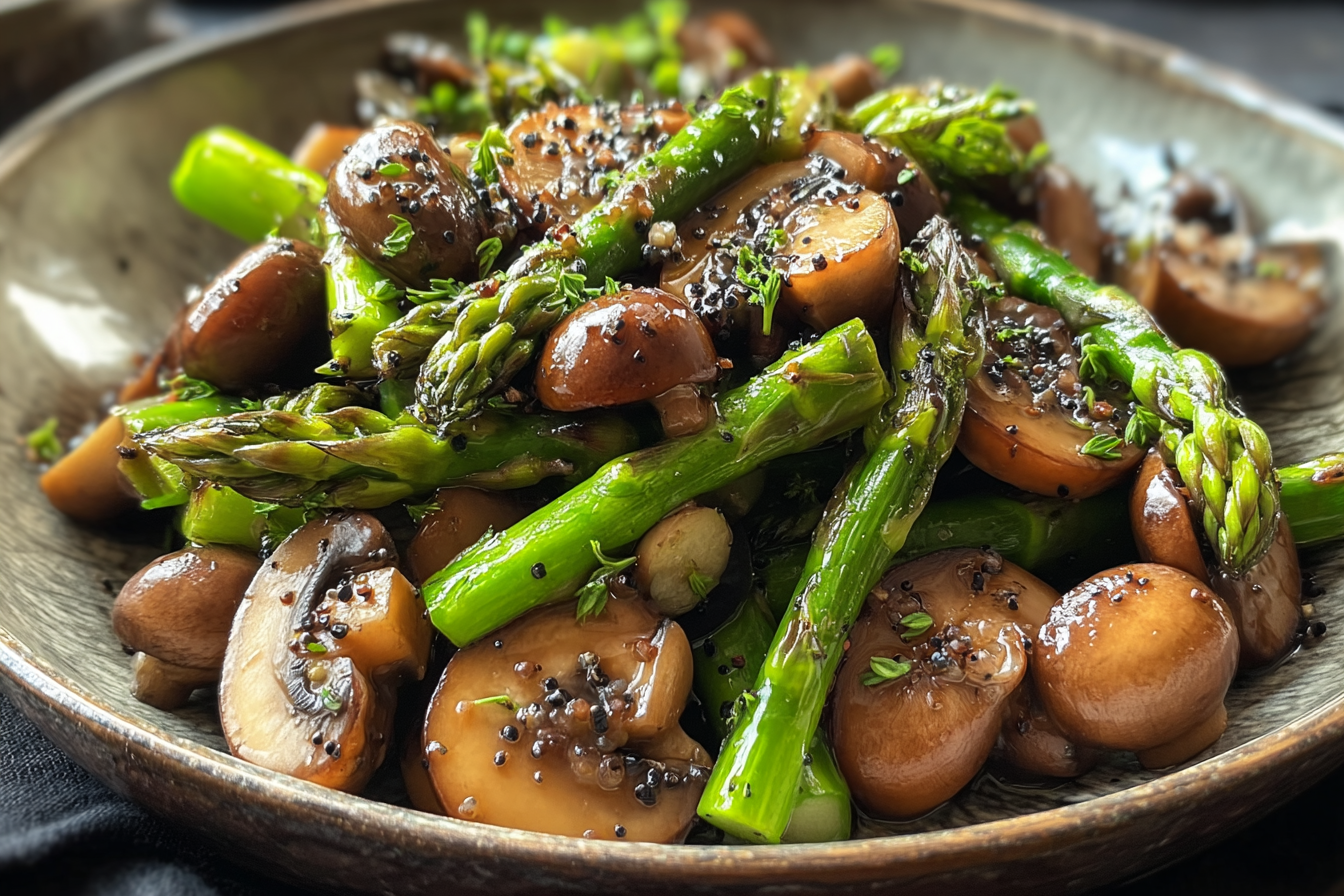 sautéed asparagus and mushrooms in skillet