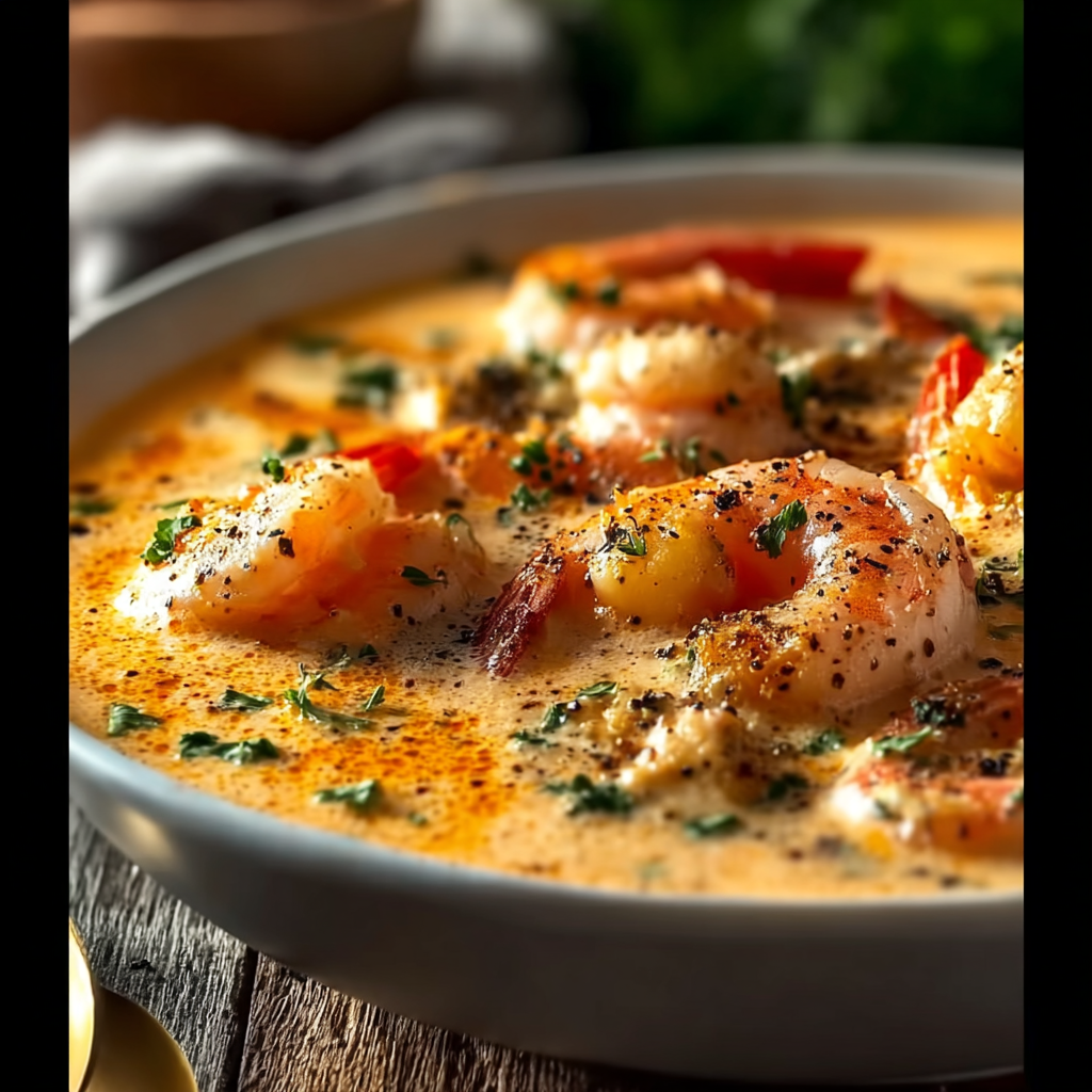 Creamy seafood bisque served with salad and bread