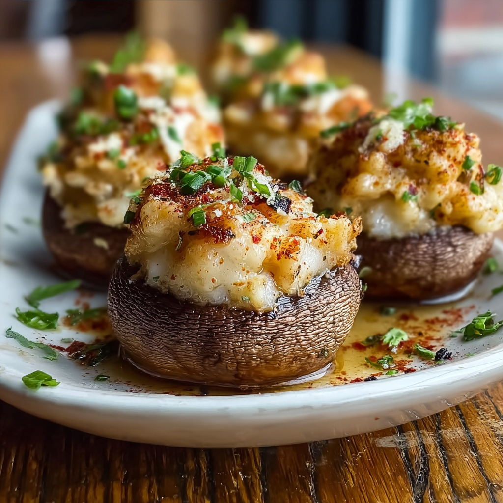 Served creamy garlic crab-stuffed mushrooms on a platter