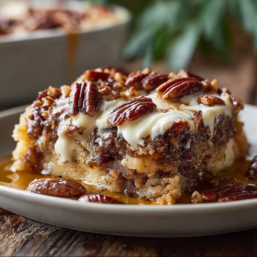 Warm slice of pecan pie dump cake with ice cream
