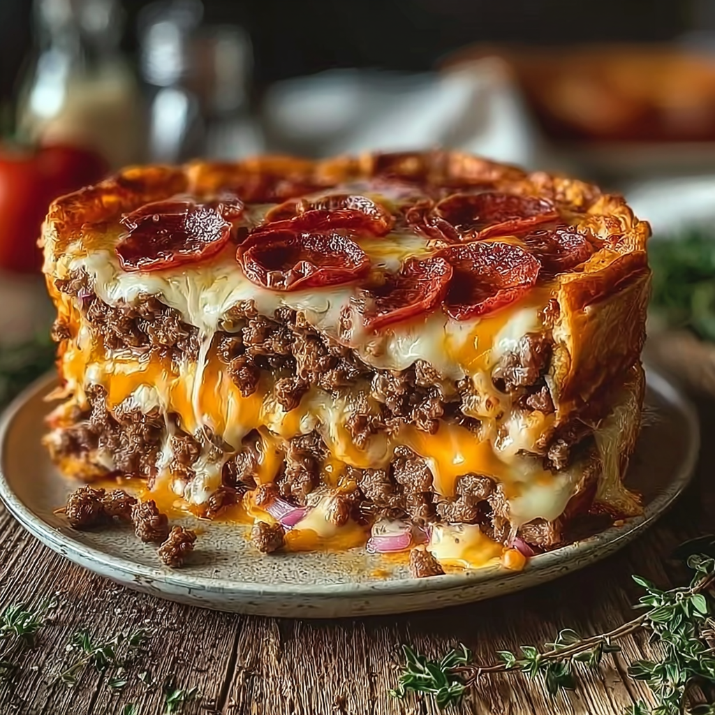 Served slice of Ultimate Double Cheeseburger Pizza Stack with sides