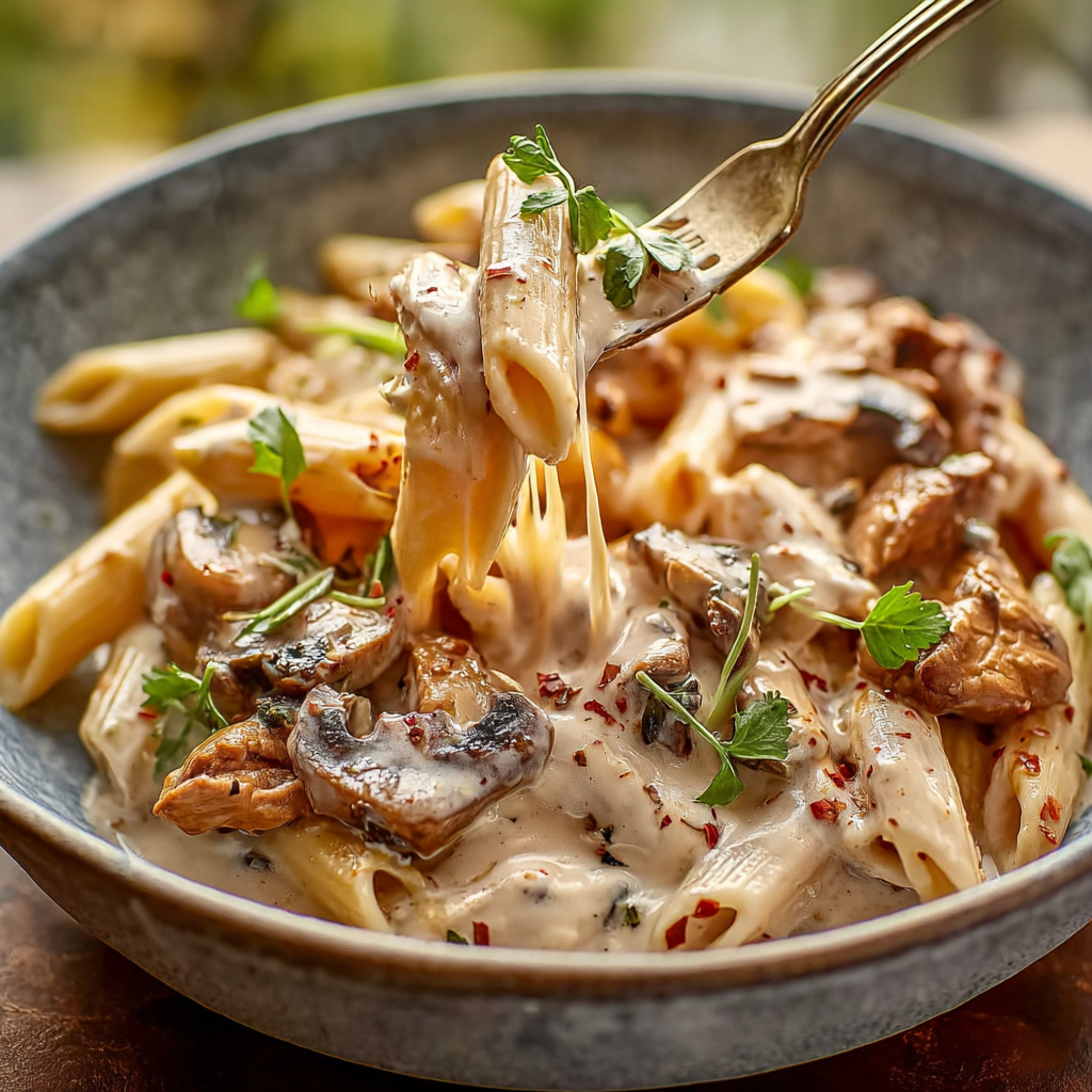 chicken and mushrooms sizzling in a pan