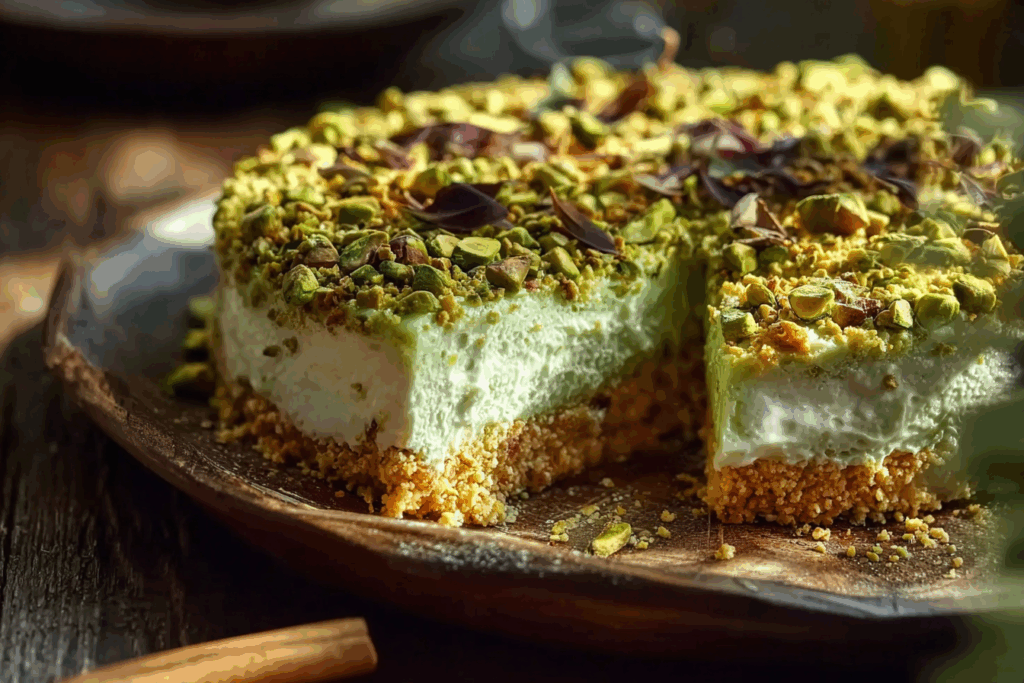 slice of tropical pistachio bliss cake on a plate