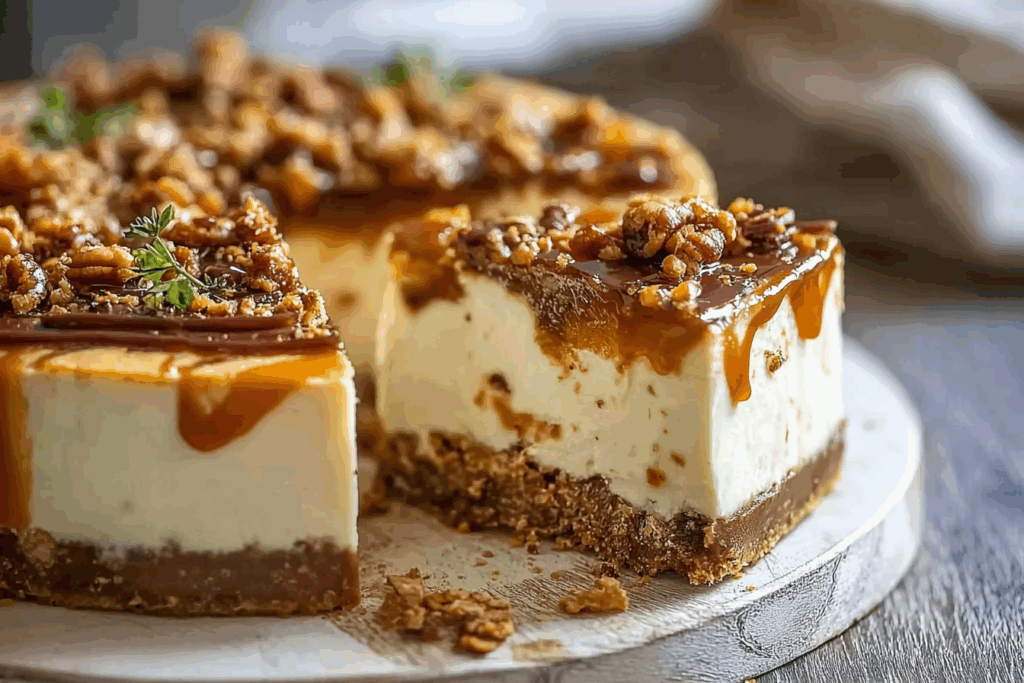Sliced Butterfinger Caramel Cheesecake Bars on a tray