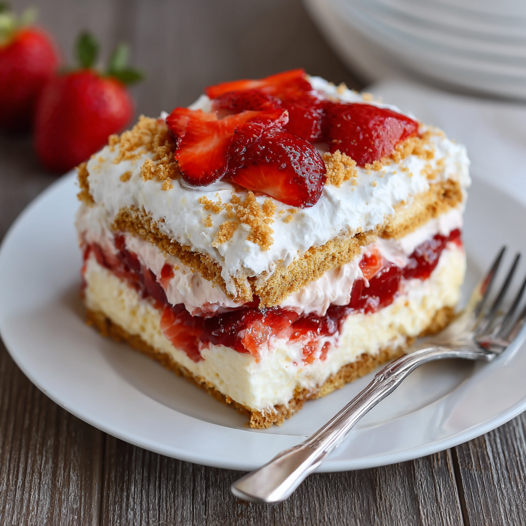 fresh sliced strawberries in strawberry eclair cake layer