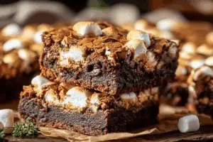 Freshly baked S’Mores Brownies with gooey marshmallows