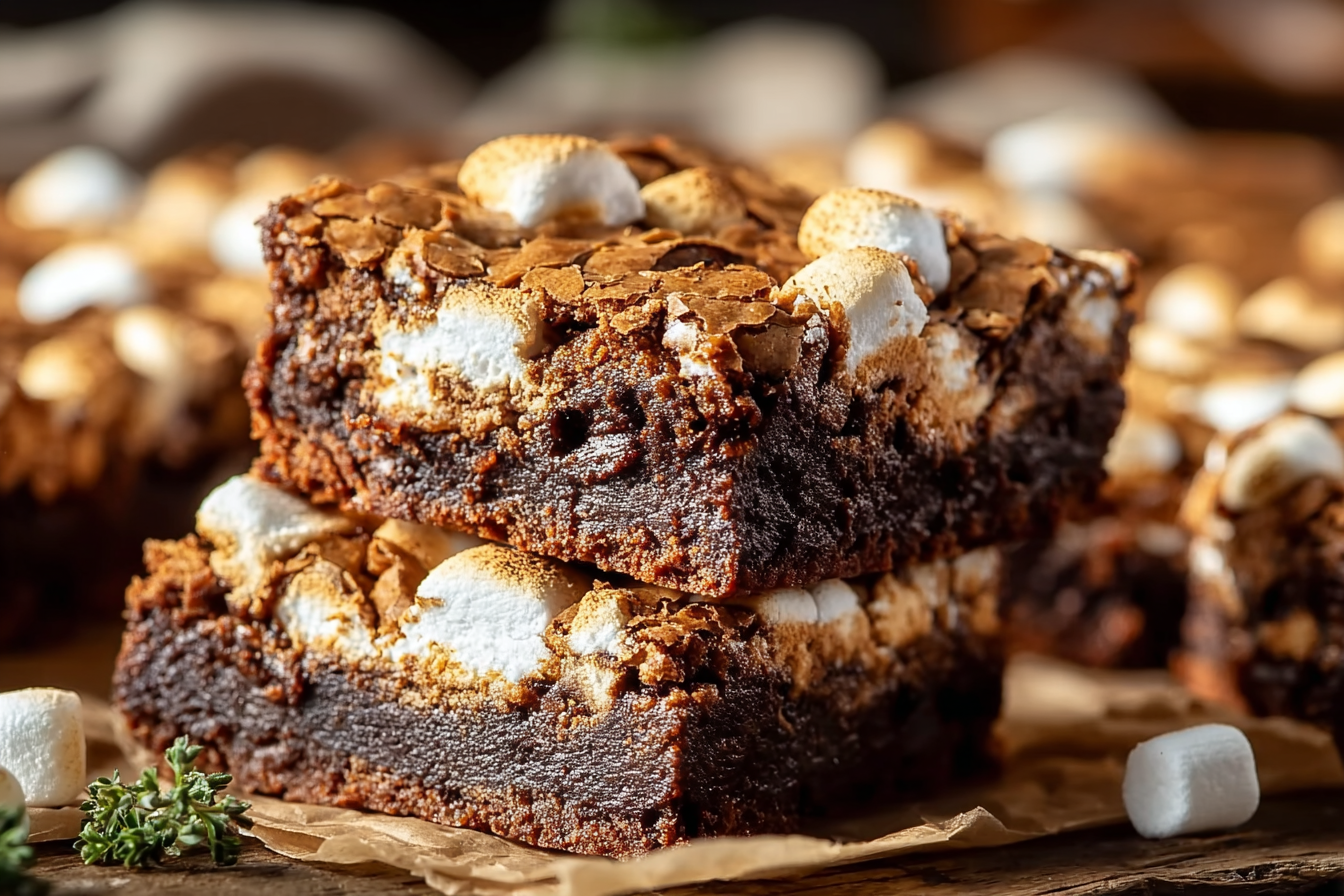 Freshly baked S’Mores Brownies with gooey marshmallows