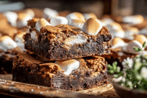Gooey S’MORES BROWNIES with marshmallows and graham crackers