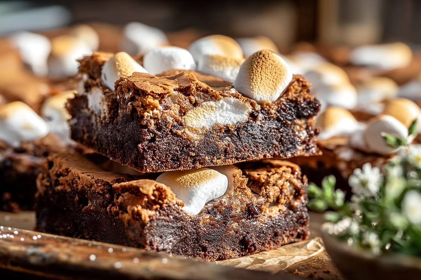 Gooey S’MORES BROWNIES with marshmallows and graham crackers