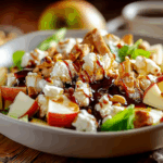 Close-up of Snickers Salad with apples, Snickers bars, and caramel