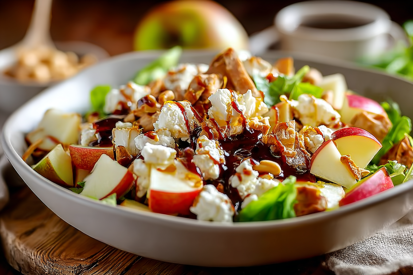 Close-up of Snickers Salad with apples, Snickers bars, and caramel