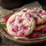 Soft and chewy raspberry sugar cookies stacked with powdered sugar and fresh raspberries