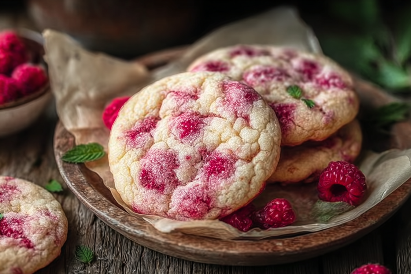 Soft and chewy raspberry sugar cookies stacked with powdered sugar and fresh raspberries