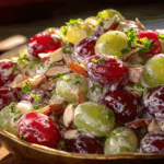 southern grape salad in glass bowl with pecans and brown sugar
