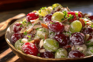 southern grape salad in glass bowl with pecans and brown sugar