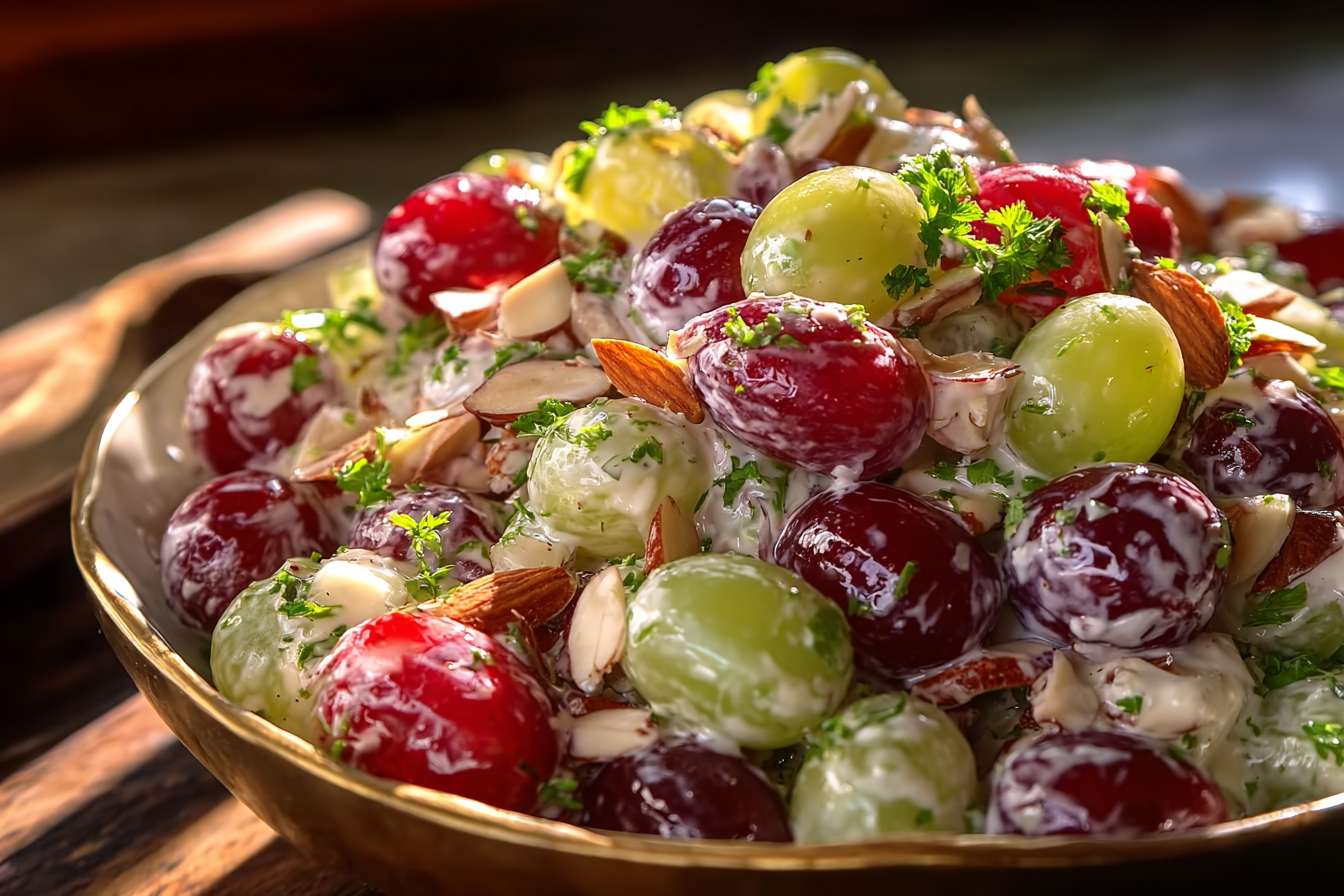southern grape salad in glass bowl with pecans and brown sugar