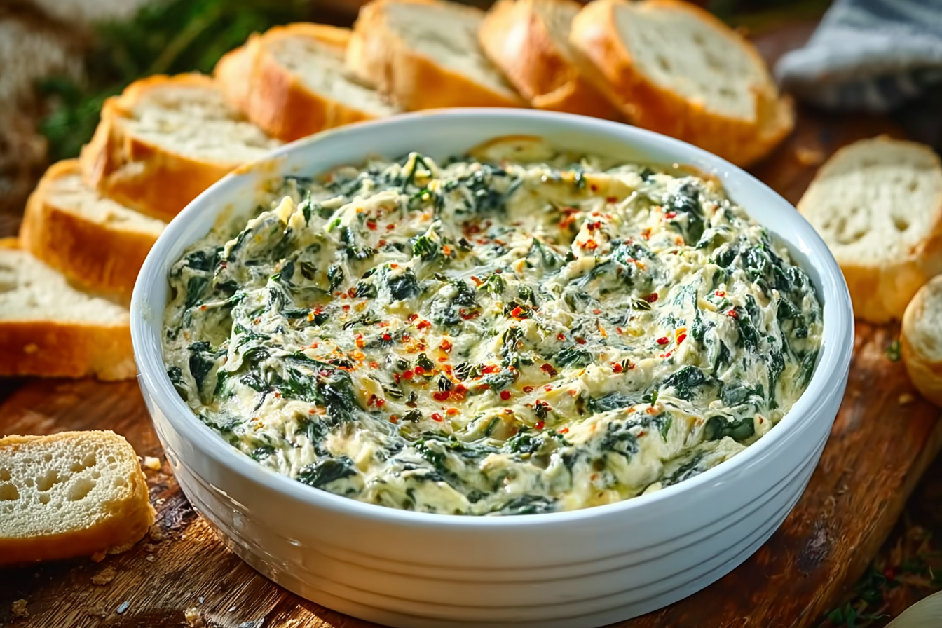Creamy spinach dip in bread bowl appetizer