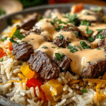 steak and queso rice served hot with fresh cilantro
